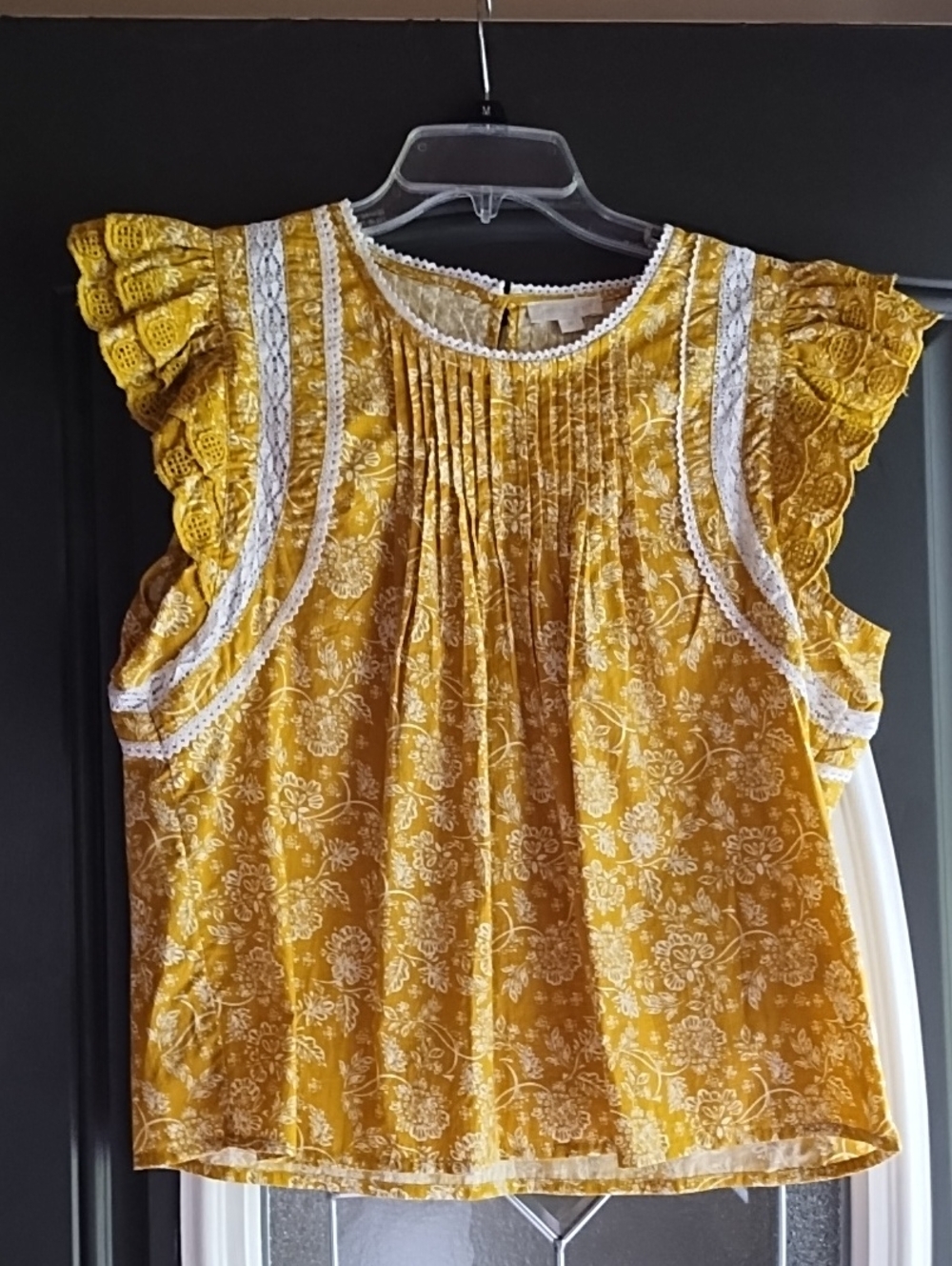 Mustard Yellow Floral Lace-Trim Sleeveless Blouse